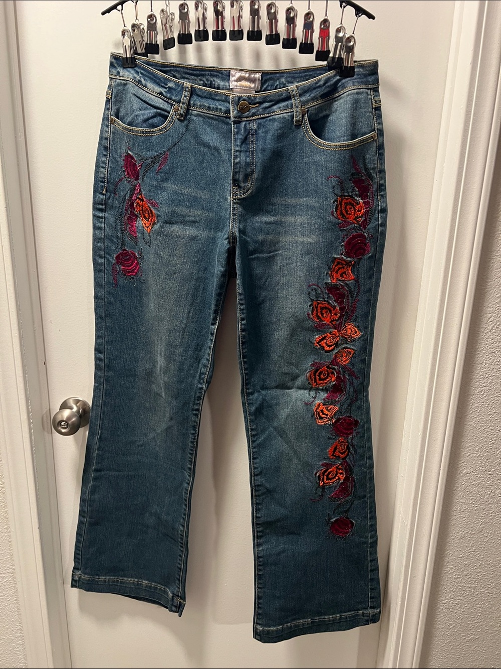 Style & Co. Blue Flare Jeans with Red & Orange Rose Embroidery